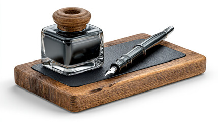 Wooden ink bottle stand with a black rubber surface for a pen, isolated on a white background. Detailed illustration, high-resolution, professional photograph