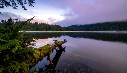 Tranquil lake scene at dawn, with a fallen log and lush greenery reflecting on the still water.