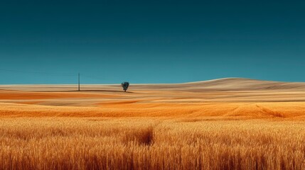 Fototapeta premium Serene Landscape with Golden Wheat Fields Under Clear Blue Sky