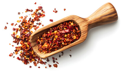 Spicy chili red pepper flakes, chopped, milled dry paprika pile in wooden sppon isolated on white, top view