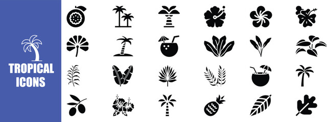 Assortment of icon set.Solid icons vector collection. black tropical and summer icons on a blue background palm tree coconut