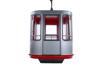 Front view of a modern, cable car cabin.  Gray metal body, red accents.  Clear windows