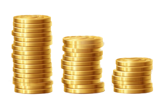 Golden Coin Stacks of Varying Heights, Isolated on White Transparent Background