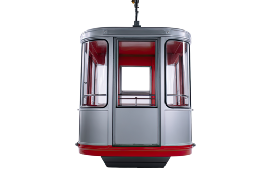 Front view of a modern, cable car cabin. Gray metal body, red accents. Clear windows