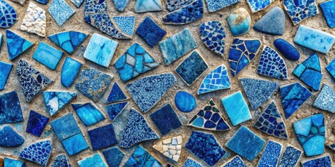 Abstract Blue Mosaic Tile Wall Texture Irregular Shapes and Shades of Blue Create a Unique and Artistic Surface