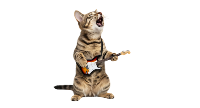 Funny tabby cat playing guitar isolated on transparent background