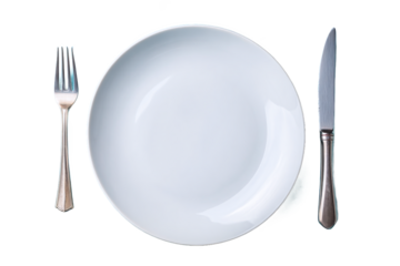 Empty Plate, Fork & Knife on Blue, Isolated on White Transparent Background Concept