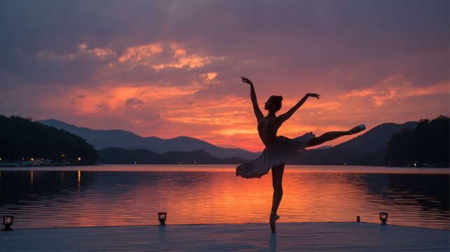 Graceful Ballet Dancer Silhouetted Against Stunning Sunset Over Water - Powered by Adobe