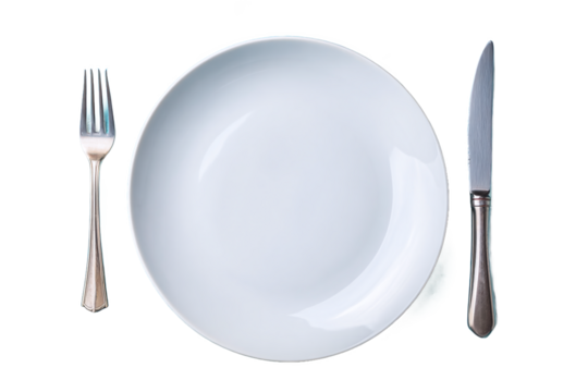 Empty Plate, Fork & Knife on Blue, Isolated on White Transparent Background Concept