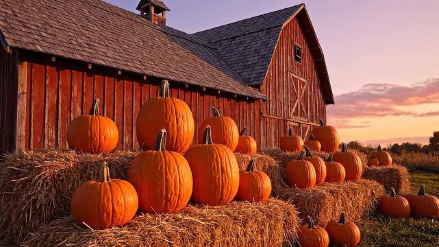 A rustic red barn is adorned with a bountiful display of ripe orange pumpkins and gourds, artfully arranged on bales of hay during a picturesque autumn sunset.