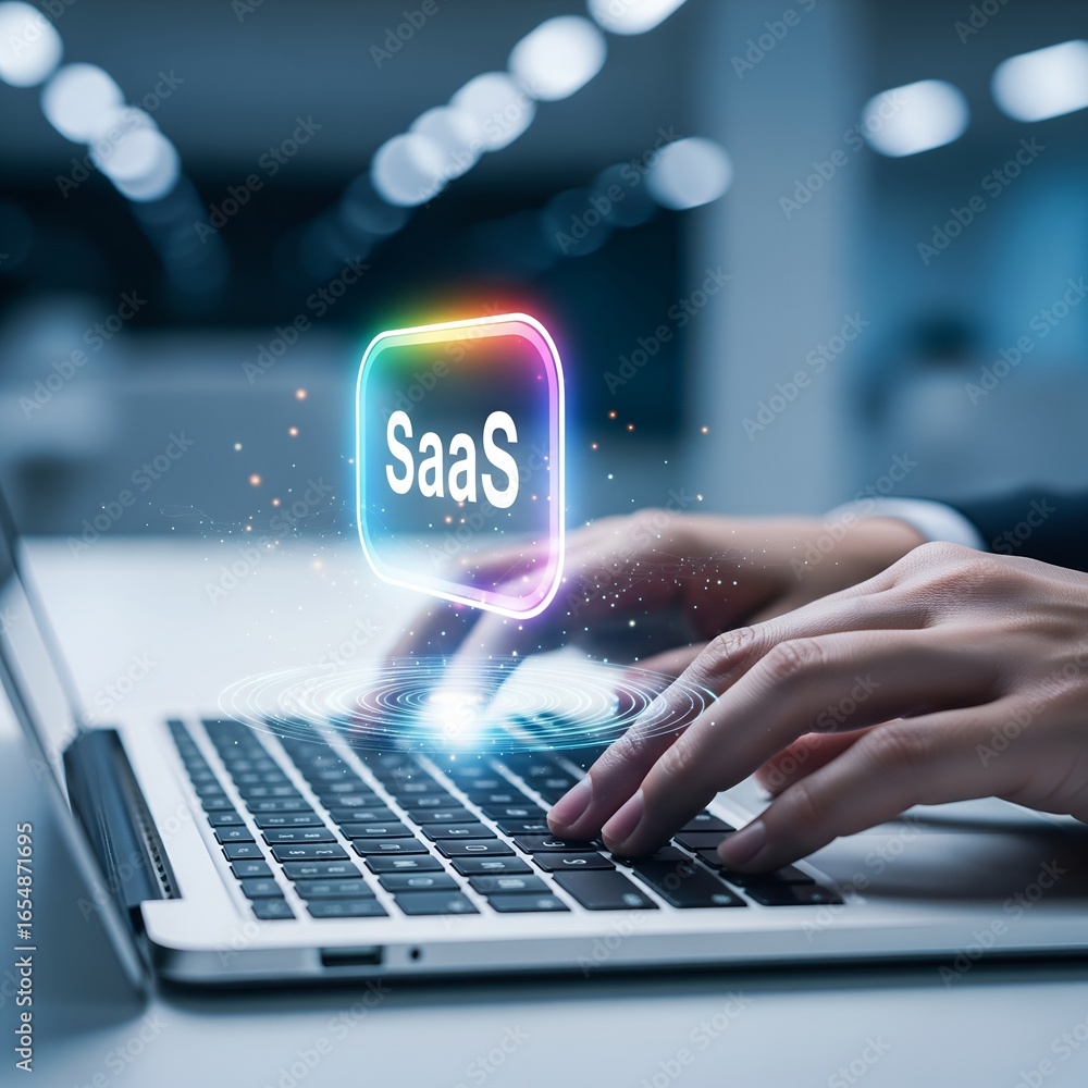 Poster hands typing on a laptop with a glowing saas icon and digital data streams