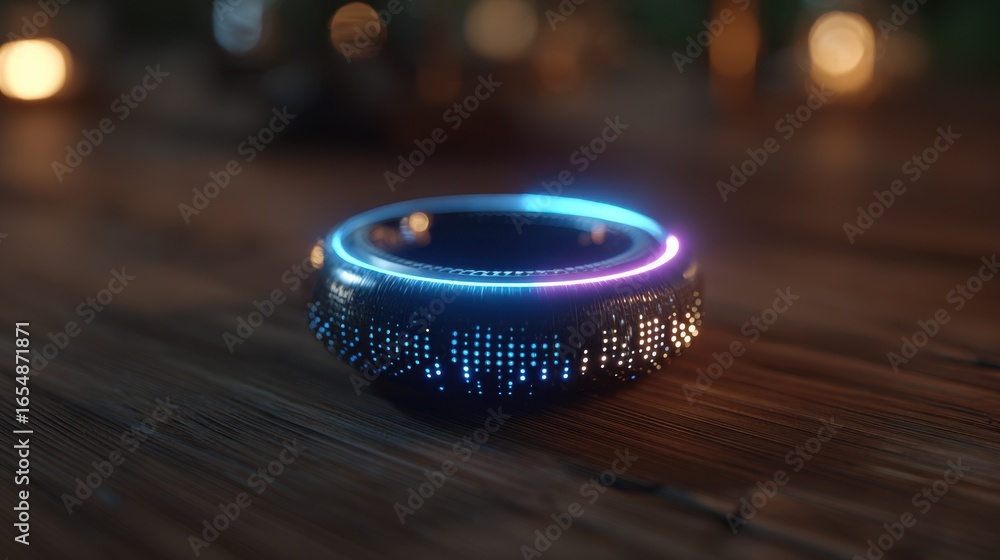 Poster focused medium shot of a futuristic beamforming speaker ring on a wooden surface showcasing dynamic 