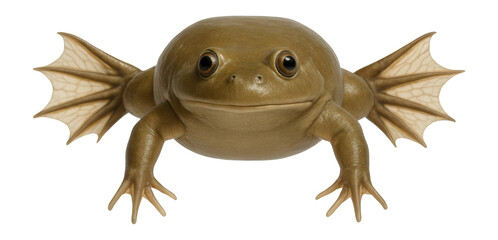 African clawed frog with smooth, olive-brown skin and webbed hind feet