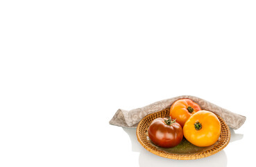 Juicy fresh tomatoes isolated on white background, close-up.