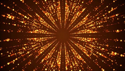 A dynamic, radiant design featuring numerous glowing particles radiating outward from a central point, creating a captivating visual effect in warm amber hues.