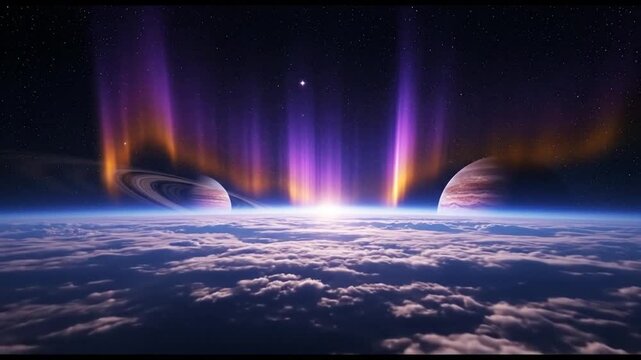 Aurora Borealis on Distant Planet with Cloudscape and Planetary Alignment creating a unique visual display in space landscape that merges the familiar with the fantastical