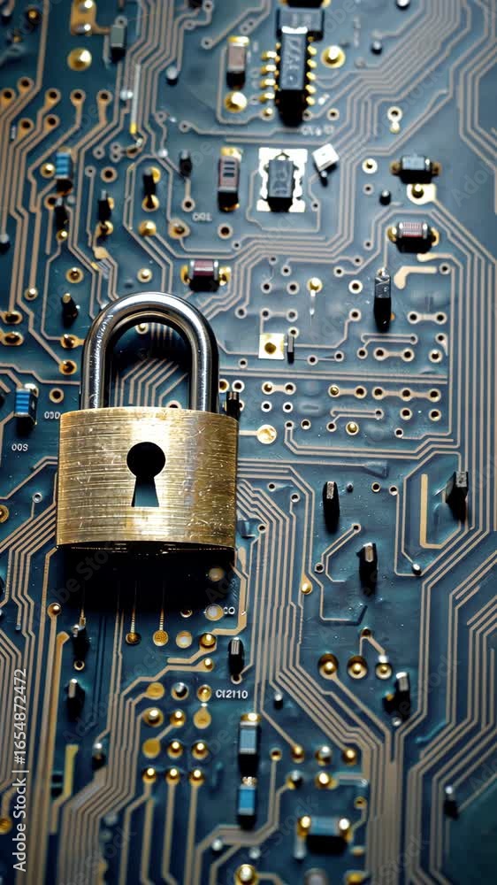 Poster close-up view of a brass lock resting on a detailed circuit board, symbolizing the fusion of technol