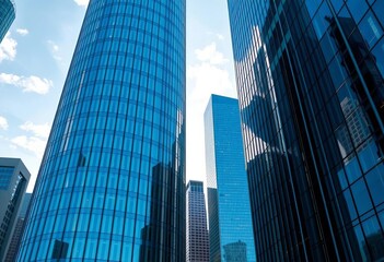 Fototapeta premium Sleek glass skyscraper, vertical lines, city backdrop, concrete, window