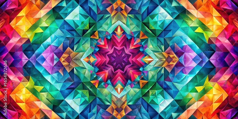Poster vibrant geometric kaleidoscope a symphony of interlocking triangles in a spectrum of jewel tones, cr
