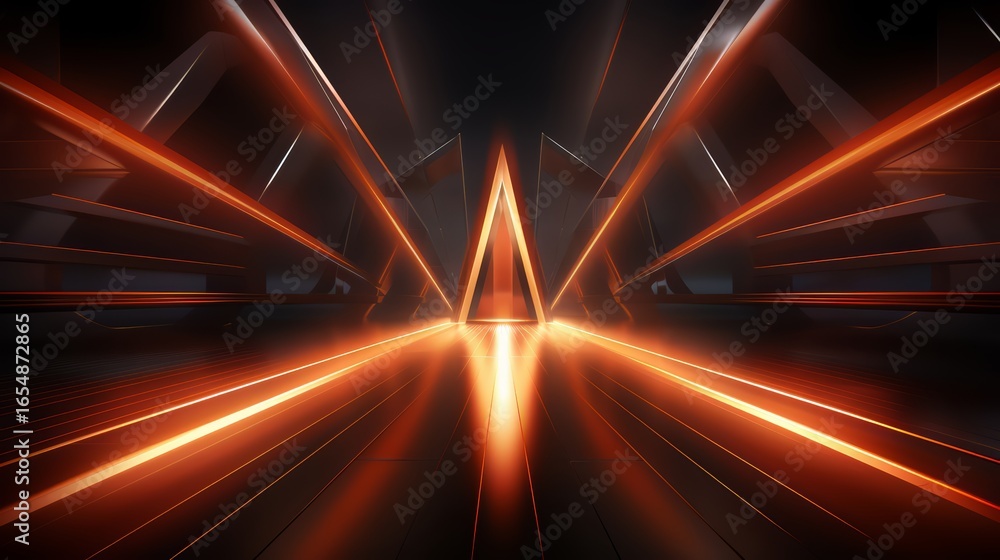 Poster bright orange and black image of a tunnel with a triangle in the middle. the tunnel is lit up with b