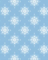 Seamless floral pattern design featuring white flowers on light blue background in a repeating tile style for wallpaper or fabric