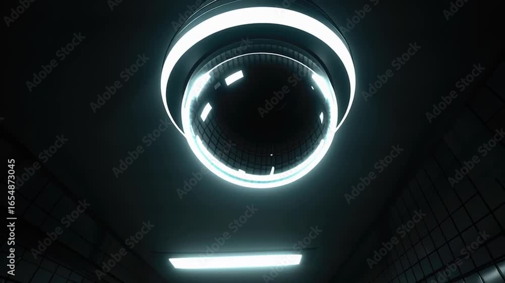Poster futuristic surveillance security camera dome with glowing led light mounted on ceiling in dark tiled
