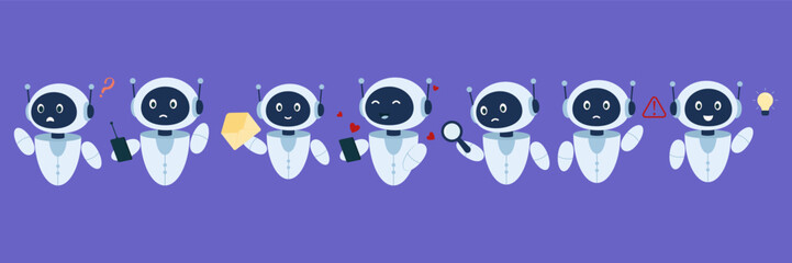 Cute chatbot robot illustrations with different emotions