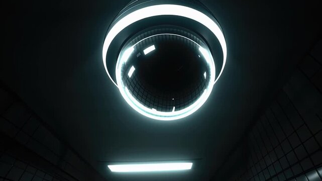 Futuristic surveillance security camera dome with glowing LED light mounted on ceiling in dark tiled corridor featuring advanced technology and high tech atmosphere
