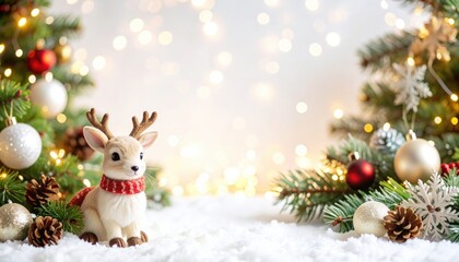 Festive holiday decoration with reindeer figurine cozy home setting christmas themed soft lighting focused viewpoint enchanting atmosphere