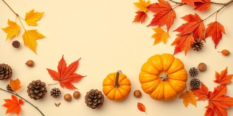 Pastel beige backdrop featuring vibrant autumn leaves, pumpkins, pinecones, and nuts; minimalist fall arrangement,   nuts,   fall elements