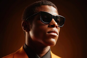 Obraz premium Close-up portrait of a person wearing stylish sunglasses and a mustard-yellow blazer, showcasing a thoughtful and confident expression against a deep brown backdrop.