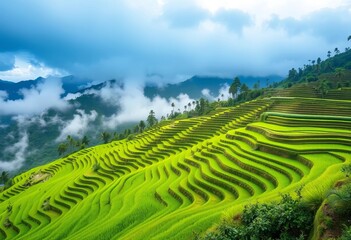 Fototapeta premium Emerald terraces climb misty Balinese hills under a brooding sky, landscape, lush