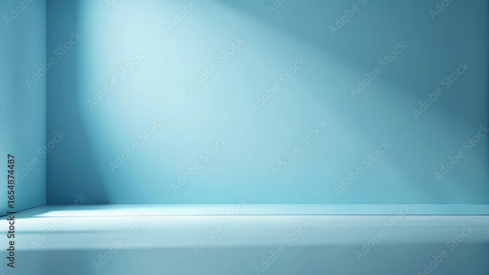 Poster serene light blue room corner with subtle shadowing and empty floor space ideal for product placemen