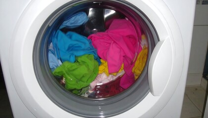 A bright, colorful array of garments fills a modern washing machine's drum, ready for a cleaning cycle.