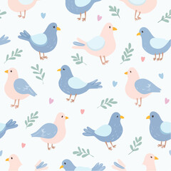 Fototapeta premium Seamless pattern of adorable doves on white background, great for fabric, wallpapers, wedding stationery, wrapping, and elegant vector artwork.