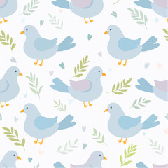 Obraz premium Seamless pattern of adorable doves on white background, great for fabric, wallpapers, wedding stationery, wrapping, and elegant vector artwork.
