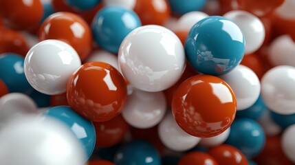Bunch of colorful balls are piled on top of each other. The balls are of different sizes and colors, including blue, red, and white. Concept of playfulness and fun