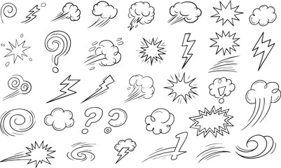 Line movement emotion effect element, cartoon emotion effect decoration icon. Hand drawn effect manga doodle line element arrow, emphasis, shock, sparkle. Expression sign anime line movement vector