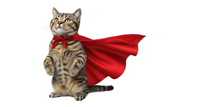 Cat wearing a red cape and bow tie isolated on transparent background