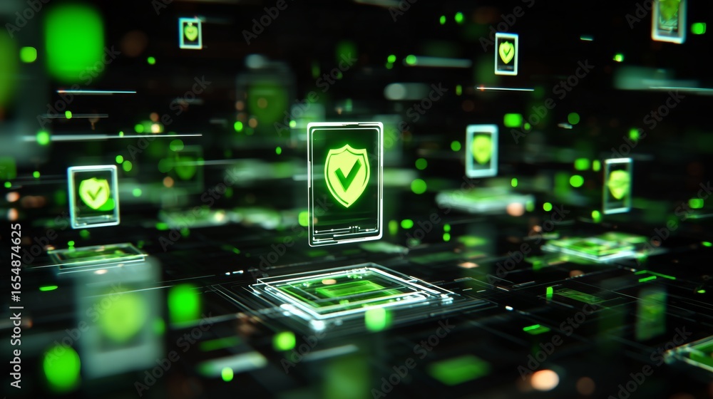 Aufkleber digital technology background with a green security shield icon, with a check mark, concept for cybe