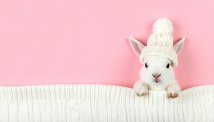 Fototapeta premium Playful bunny in winter hat studio setting cute animal photography pink background adorable perspective whimsical concept