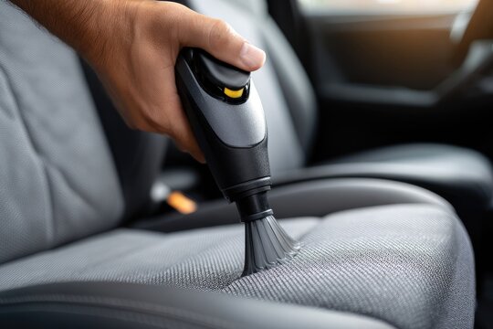 A hand holds a portable vacuum cleaner, meticulously cleaning a car seat's fabric. - Powered by Adobe