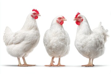 Fototapeta premium Three White Chickens Standing on White Background Poultry Farm Livestock Bird Eye-Level Studio Shot