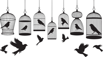 Gold silhouette vector of vintage birds in a cage illustration