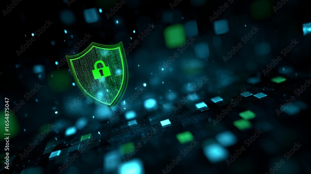 Aufkleber digital technology background with a green security shield icon, with a check mark, concept for cybe