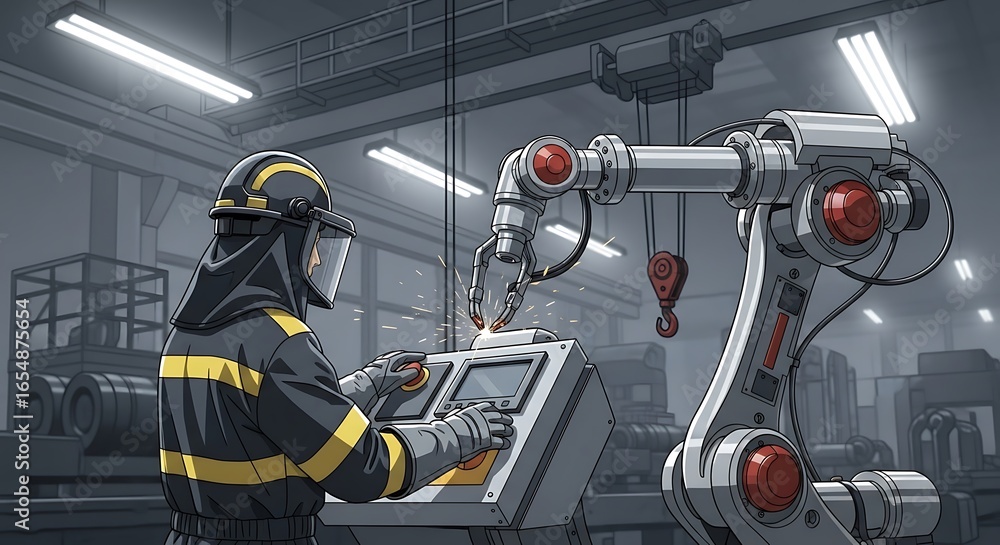 Poster automated industrial welding process controlled by a worker, factory setting, robotic arm and safety