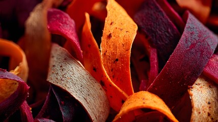 Vibrant vegetable peelings including carrot, beet, and pepper artfully arranged in an earthy compost bin.