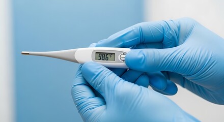 Obraz premium Close-up of doctor hands in blue surgical gloves holding thermometer showing normal body temperature