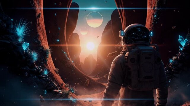 Astronaut Standing on a Barren Alien Planet with Rock Formations Crystals and Multiple Suns in a Dramatic Science Fiction Landscape