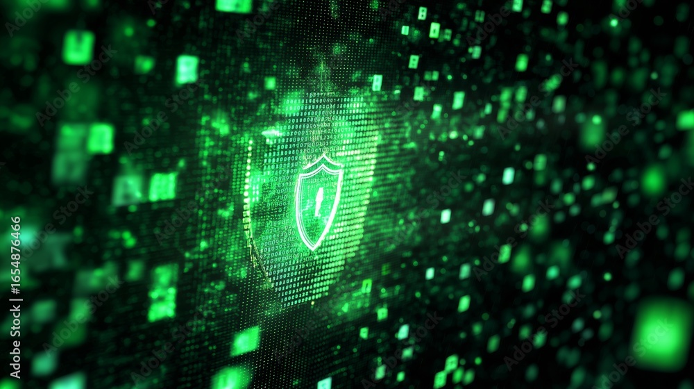 Fototapete digital technology background with a green security shield icon, with a check mark, concept for cybe